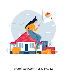 Property investment vector illustration. Woman sitting on the house, analyzes profit from real estate buying or rent. Property investment income, money, financial wealth сoncept for banner. Flat style