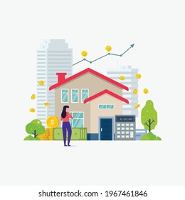 Property investment woman analyzing profit from real estate design concept vector illustration