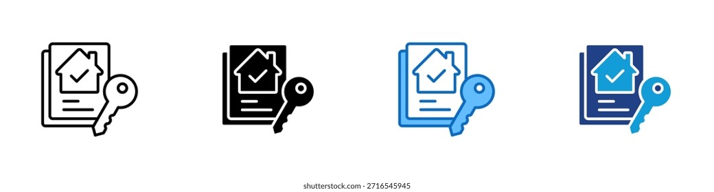 Chave de Propriedade Ícone de Estilo Múltiplo Design Vetor - Documento imobiliário com casa e chave simbolizando propriedade de propriedade, hipoteca, e compra de casa