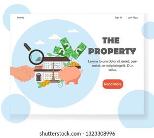 Property landing page template. Vector flat style design concept for real estate website and mobile site development. House investment, financial growth, savings money.
