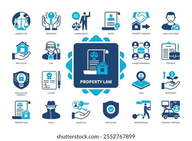 Property Law icon set. Jurisdiction, Leasehold, Real Estate, Ownership, Contract, Fraud, Personal Property, Law. Duotone color solid icons