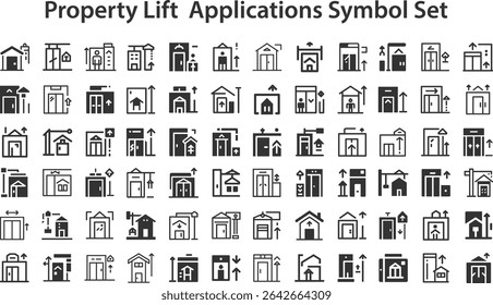 property lift Applications Symbol Set.eps. collection, sketches, logo illustrations, web symbols, outline style pictograms package isolated on white background. Vector graphics. stock illustration