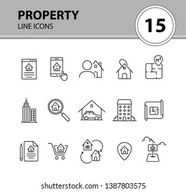 Property line icon set. House, garage, apartment, floor plan. Home concept. Can be used for topics like real estate purchase, mortgage, insurance, housing