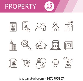 Property line icon set. House, garage, apartment, floor plan. Home concept. Can be used for topics like real estate purchase, mortgage, insurance, housing