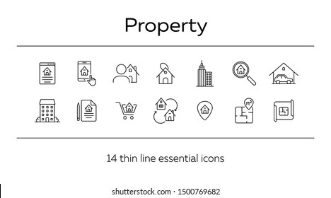 Property line icon set. House, garage, apartment, floor plan. Home concept. Can be used for topics like real estate purchase, mortgage, insurance, housing