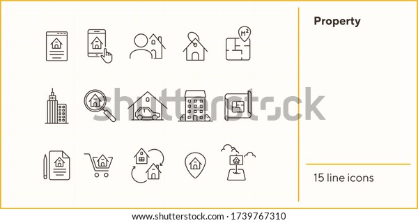 Property line icon set. House, garage,\
apartment, floor plan. Home concept. Can be used for topics like\
real estate purchase, mortgage, insurance,\
housing