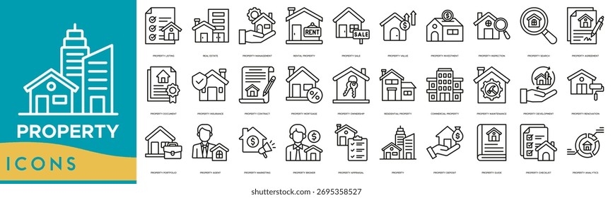 Conjunto de ícones da linha de propriedade. Listagem de Propriedades, Imóveis, Gestão, Aluguer, Venda, Valor, Investimento Imobiliário, Inspeção de Imóveis