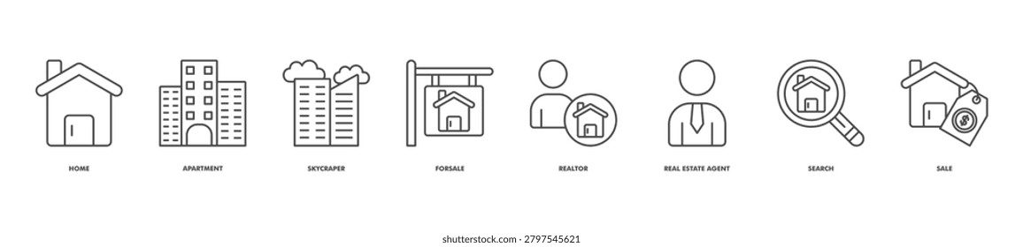 property listings icon set collection in line style. icon set consist of home, apartment, skycraper, forsale, realtor, real estate agent, search, sale