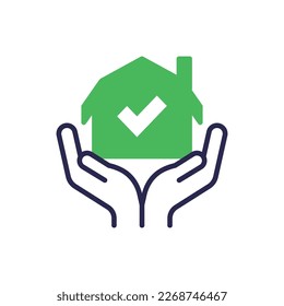 Property loan approved thin line icon. House in hands with check mark. Buy real estate. Modern vector illustration.