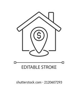 Property location estimation linear icon. Real estate assessment. Infrastructure and view. Thin line illustration. Contour symbol. Vector outline drawing. Editable stroke. Arial font used