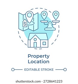Icono de concepto azul suave de la ubicación de la propiedad. Compra de propiedades, mercado inmobiliario. Ubicación de la casa. Ilustración de línea de forma redonda. Abstractas idea. Diseño gráfico. Fácil de usar en la presentación, folleto