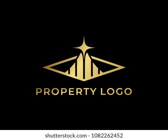 Property logo with abstract gold tower and star. Minimalist luxury design template.