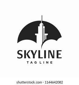 Property Logo Design Skyline Vector Silhouette, Negative Space Simple Black Tower Illustration