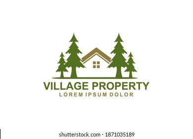 Property logo house design minimalist real estate icon window and roof pine tree element