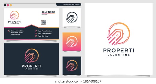 Property logo with rocket element line art style and business card design, modern, gradient, launching, Premium Vector