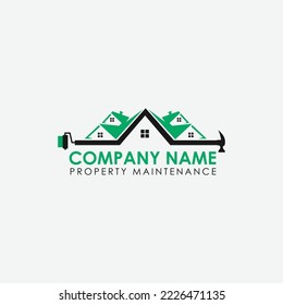 property maintenance house remodel and renovation real estate logo with paint brush and hammer