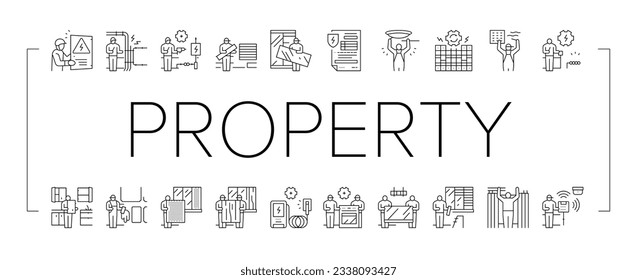 Property Maintenance And Repair Icons Set Vector. Property Furniture Fixing And Electronic Appliance Installation, Kitchen Refurbishment, Windscreen Repairing Replacement Black Contour Illustrations
