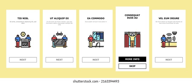 Property Maintenance And Repair Onboarding Mobile App Page Screen Vector. Property Furniture Fixing Electronic Appliance Installation, Kitchen Refurbishment, Windscreen Repairing Illustrations