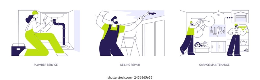 Property maintenance services abstract concept vector illustration set. Plumber service, ceiling repair, garage maintenance, sewerage renovation, install storage racks abstract metaphor.