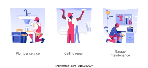 Property maintenance services isolated concept vector illustration set. Plumber service, ceiling repair, garage maintenance, sewerage renovation, install storage racks vector cartoon.