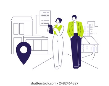 Ilustración vectorial de concepto abstracto de administración de propiedades. Administrador de propiedades mostrando edificios al cliente, negocio inmobiliario, empresa de corretaje, mantenimiento de apartamentos metáfora abstracta.