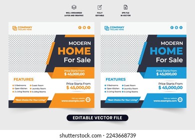 Property management agency poster design with yellow and blue colors shapes. Home sale social media post vector for digital marketing. Real estate business promotional web banner design.