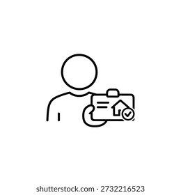 Ícone do agente de gerenciamento de propriedades ilustração de linha de vetor preto e branco da pessoa segurando a pasta com símbolo de casa e marca de seleção