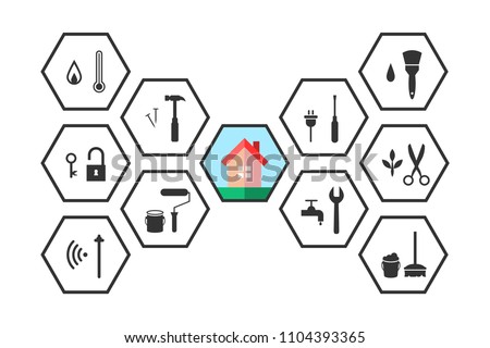Property management concept with building and working tools set in line art