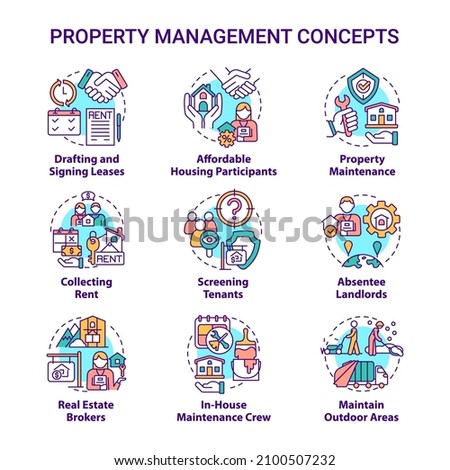 Property management concept icons set. Professional service. Operation with real estate idea thin line color illustrations. Isolated outline drawings. Roboto-Medium, Myriad Pro-Bold fonts used