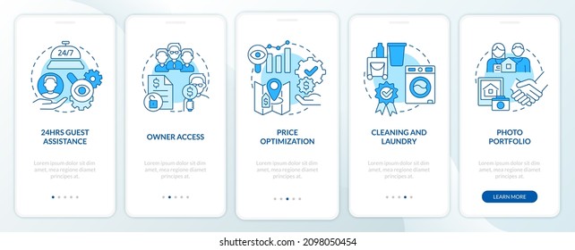 Immobilienmanagement in Hotels blauer Onboarding Mobile App Bildschirm. Modul-exemplarische Vorgehensweise für 5 Stufen - Seiten mit grafischen Instruktionen mit linearen Konzepten. UI, UX, GUI-Vorlage. Myriad Pro-kühne, Standardschriftarten verwendet