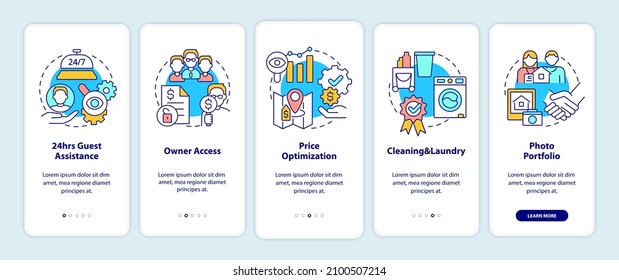 Property management in hotels onboarding mobile app screen. Services walkthrough 5 steps graphic instructions pages with linear concepts. UI, UX, GUI template. Myriad Pro-Bold, Regular fonts used