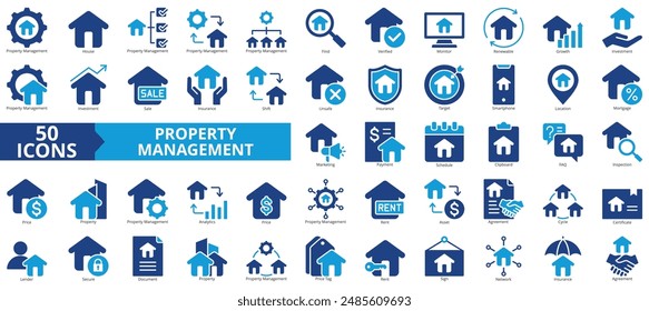 Property management icon collection set. Containing house, find, verified, monitor, renewable, growth, investment icon. Simple flat vector.