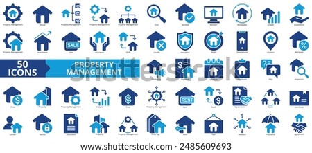 Property management icon collection set. Containing house, find, verified, monitor, renewable, growth, investment icon. Simple flat vector.