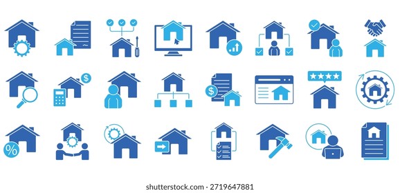 Conjunto de iconos de administración de propiedades, que contiene búsqueda de propiedades, firma de contrato, arrendamiento, Acuerdo, propiedad, propiedad, reparación y más. Colección de iconos de vectores sólidos.