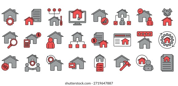 Conjunto de iconos de administración de propiedades, que contiene búsqueda de propiedades, firma de contrato, arrendamiento, Acuerdo, propiedad, propiedad, reparación y más. Colección de iconos de vectores sólidos.