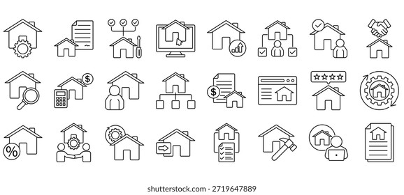 Conjunto de iconos de administración de propiedades, que contiene búsqueda de propiedades, firma de contrato, arrendamiento, Acuerdo, propiedad, propiedad, reparación y más. Colección de iconos de vectores sólidos.