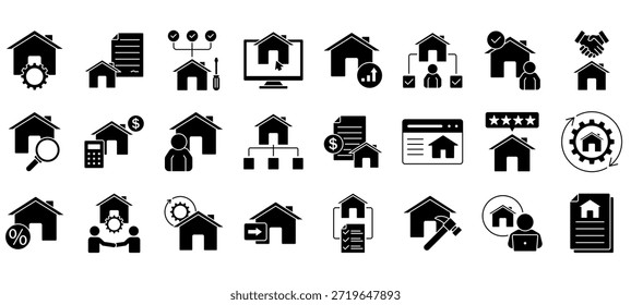 Conjunto de iconos de administración de propiedades, que contiene búsqueda de propiedades, firma de contrato, arrendamiento, Acuerdo, propiedad, propiedad, reparación y más. Colección de iconos de vectores sólidos.