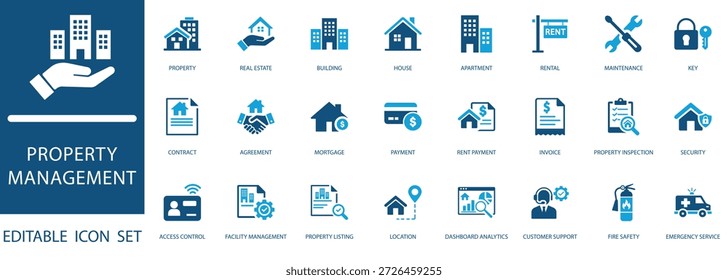 Conjunto de iconos de administración de propiedades. con edificio de apartamentos, alquiler de casas, hipoteca, inspección de propiedades, administración de instalaciones y mantenimiento.