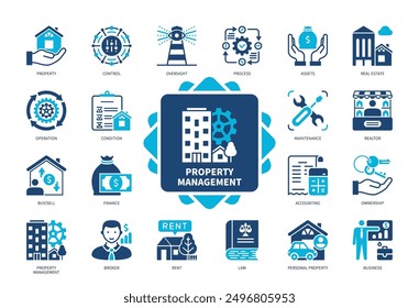Property Management icon set. Real Estate, Oversight, Operation, Maintenance, Accounting, Rent, Assets, Personal Property. Duotone color solid icons