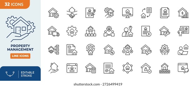 Conjunto de iconos editables de la línea de administración de propiedades. Contiene propiedades, administración, compra, venta, alquiler, casa, mantenimiento y más. Trazo editable. Ilustración vectorial