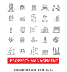 Property management, maintenance, real estate, landlord, rent line icons.  Real estate outline signs set.  Property management icons with editable strokes. Rent logo, realtor pictogram