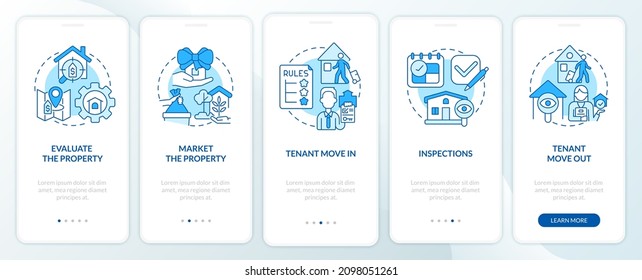 Property management operations blue onboarding mobile app screen. Service walkthrough 5 steps graphic instructions pages with linear concepts. UI, UX, GUI template. Myriad Pro-Bold, Regular fonts used
