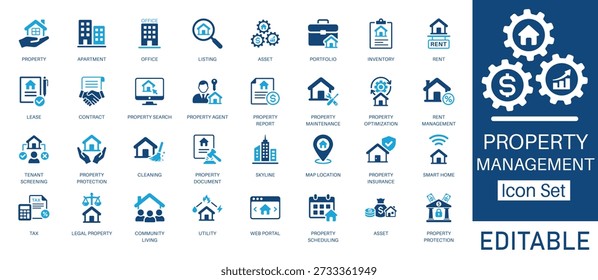 Property management and real estate solid glyph icon set. Vector symbols for rent, lease, tenant screening, property maintenance, asset protection, and smart home.