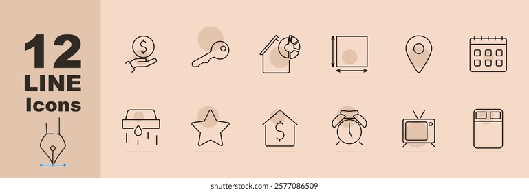 Property management set icon Payment hand, key, house stats, dimensions, location, calendar, water leak, star, cost, alarm clock, tv, bed. Property, maintenance, home