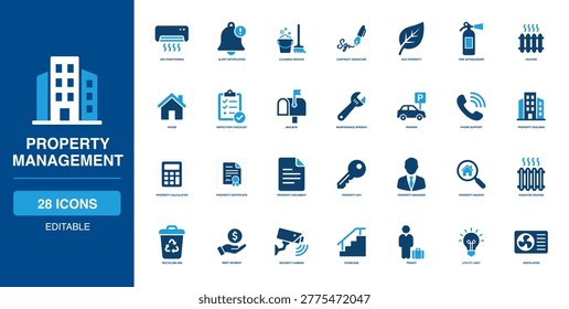 Property Management Solid Icon Set showcasing air conditioning alert cleaning contract signature eco fire extinguisher heating house inspection checklist mailbox maintenance parking key support