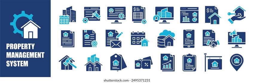 Conjunto de colecciones de iconos del sistema de administración de propiedades. Contiene diseño, propiedad, administración, sistema, negocio, tecnología y más. Iconos de vector sólido colección.	