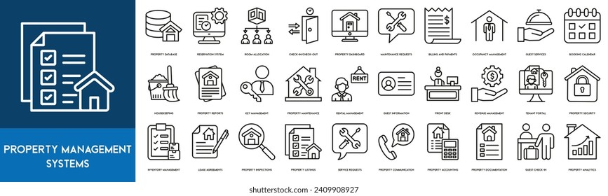 Property Management Systems Outline Icon Collection. Property Database, Reservation System, Room Allocation, Property Dashboard, Maintenance Requests, Check In and Check Out, Billing and Payments