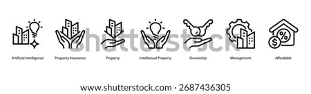 Property Management web banner icon vector illustration featuring Artificial Intelligence, Property Insurance, Property, Intellectual Property, Ownership, Management, and Affordable.