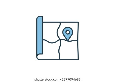 Icono de mapa de propiedades. plan de ubicación con pin. Icono relacionado con Inmobiliaria. adecuado para sitio web, aplicación, interfaces de usuario, imprimible, etc. Estilo de icono de línea plana. Diseño de vector simple editable