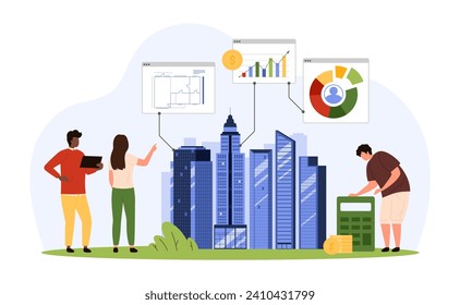 Property market analysis for investment. Tiny people study real estate price growth charts with calculator, urban model of city architecture and blueprint project cartoon vector illustration